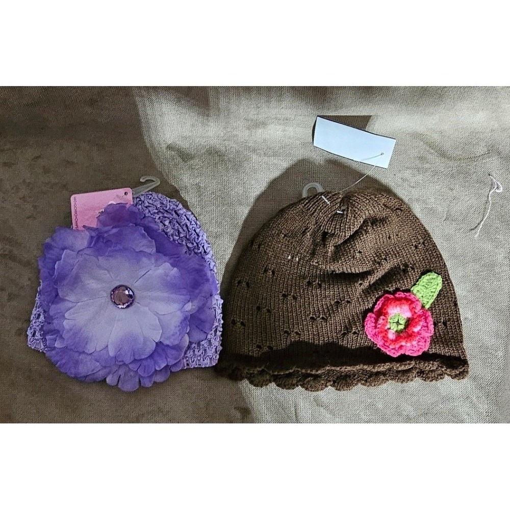 NWT Carter's Knit Beanie‎ & Almar Purple Flower Hat Set Baby Girls 3-9 Months